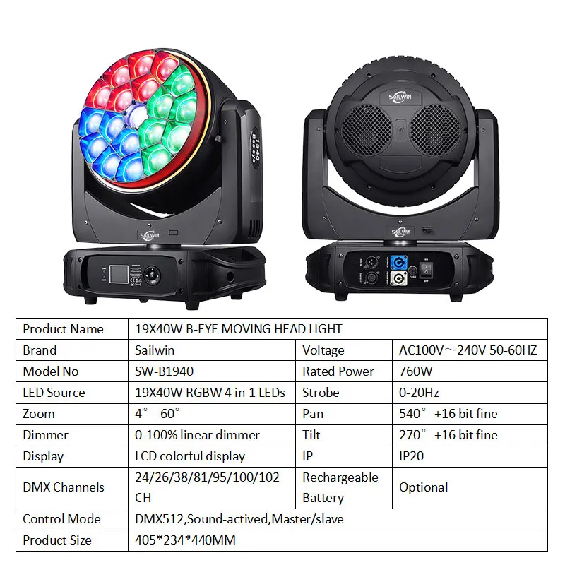 Мощный светодиодный прожектор Bee Eye 19*40W K20 с зумом и вращающейся линзой, большой прожектор Bee Eye для дискотек, мероприятий и вечеринок (art.: 3920db797ae86) - 3920db797ae86