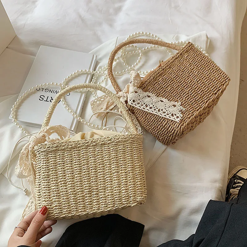 HOCODO New Pearl Straw Bag Summer Hand-Woven Shoulder Bag Female Woven Basket Women'S Handbag Beach Ladies Travel Messenger Bags