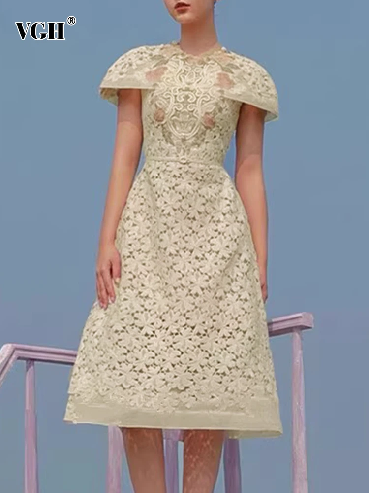 

Женское кружевное платье с вышивкой VGH, Элегантное повседневное платье с круглым вырезом, коротким рукавом и высокой талией, модная одежда в стиле пэчворк