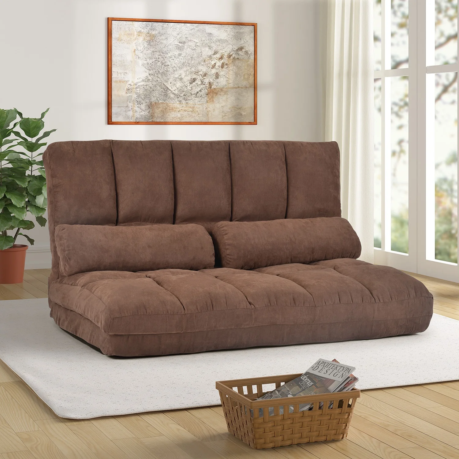 

Double Chaise Lounge Sofa Floor Couch and Sofa with Two Pillows (Brown)