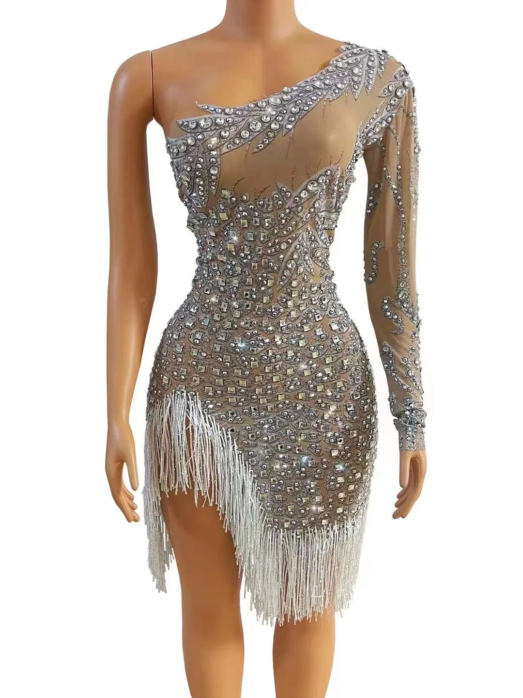 

Nightclub Bar Girl Full Diamond Tassel One Sleeve Hip Wrap Short Singer Model Show Performance Dress