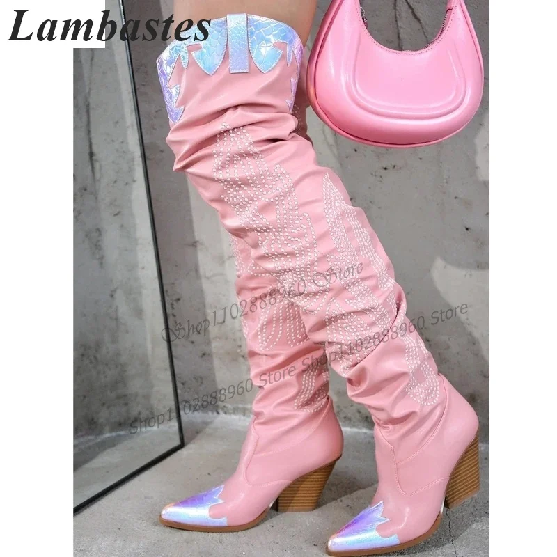 

Женские Плиссированные Сапоги выше колена, розовые матовые кожаные сапоги на массивном высоком каблуке, без застежки, с круглым носком, 2023