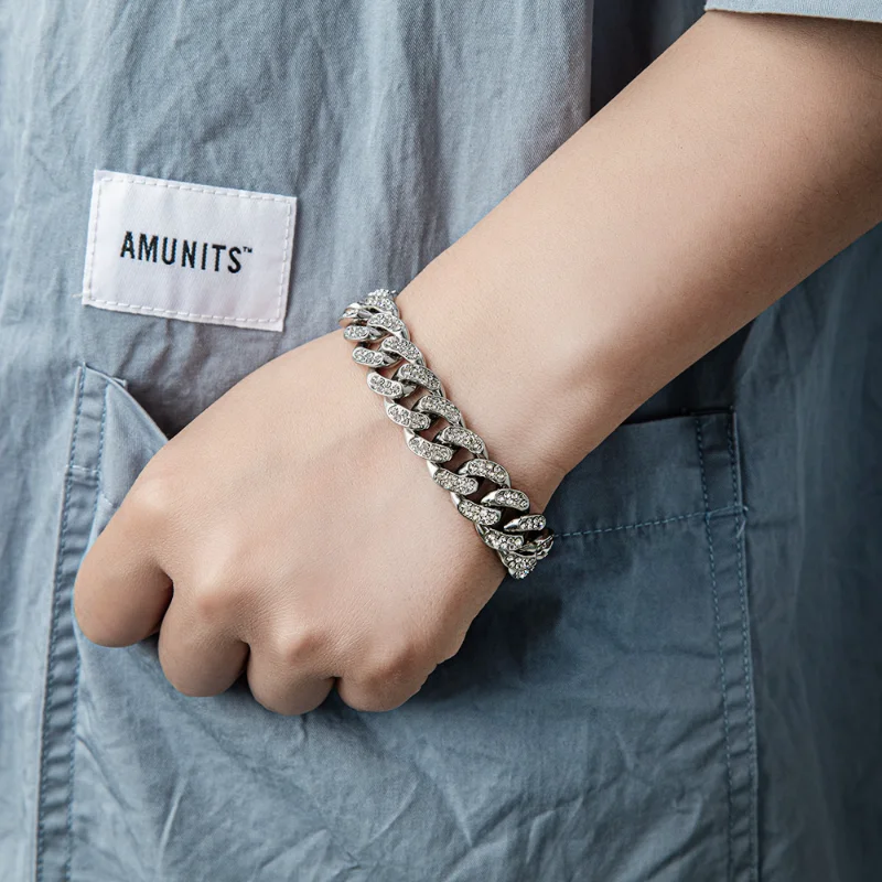 Europe and The United States Simple Fashion Zircon Cuba Ins Hip-hop Tide Personality Men and Women Titanium Steel Bracelet