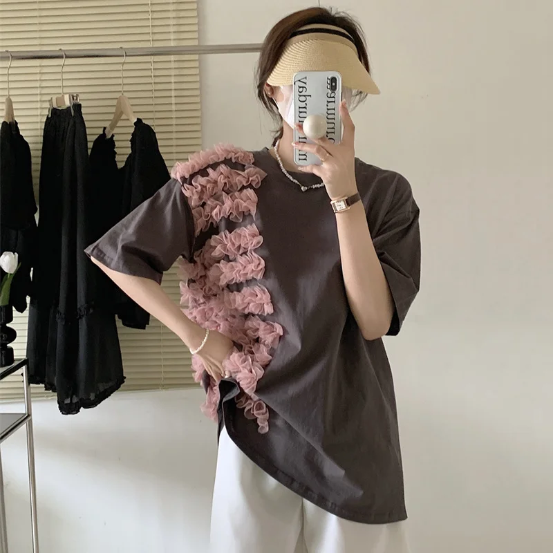 

Petal Mesh Stitched Short Sleeve T-shirt Women's Summer 2022 New Design Sense Niche Loose Top Chic Knitting