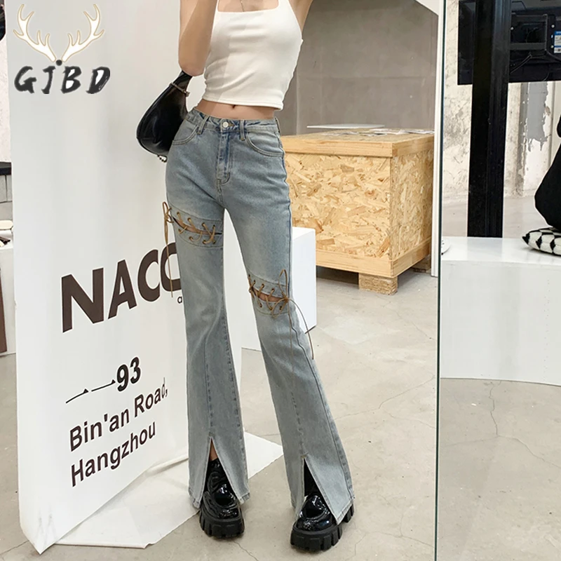 

Blue High Waist Women's Jeans Straight Baggy Fashion Street Embroidery Trousers Openwork Chic Design Slit Flared Denim Pants