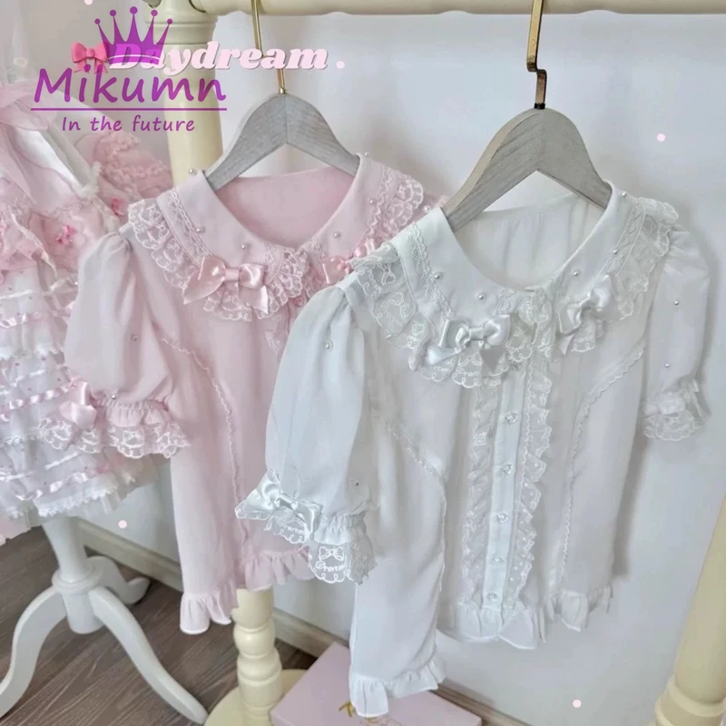 Фото Женская блузка Mikumn Harajuku Kawaii в стиле Лолита, нежно-розовая, с воротником Питер Пэн, жемчужным бантом, кружевом, в стиле Y2K, японская милая блузка с рюшами №3
