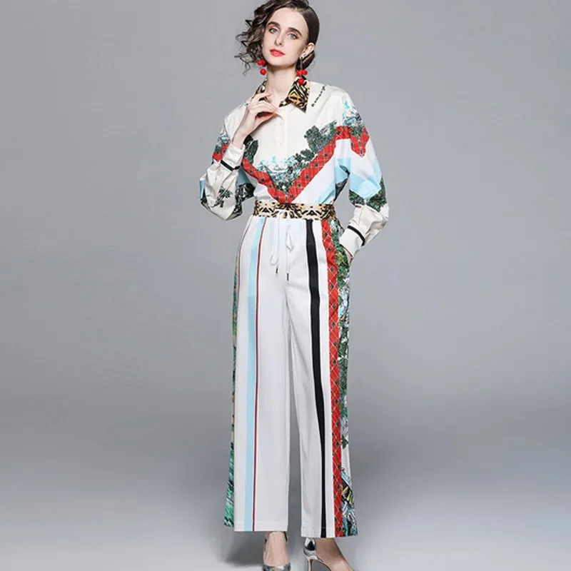 

2022 Spring Runway Two Pieces Set Women Print Long Sleeve Pullover Blouses + Elastic Waist Straight Pants Fashion Sets