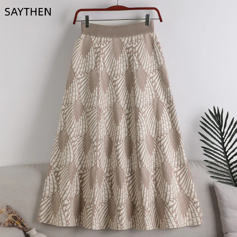 

SAYTHEN Winter New Leaf Hackberry Small Fresh Style Elastic Waist High Pleated Knitted Mid-Length A-Line Large Swing Skirt Women
