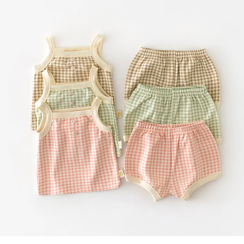 

Комплекты одежды для маленьких девочек, летняя Тонкая Клетчатая кофта на бретельках, топ и шорты, корейские детские пижамы из 2 предметов, хлопковые домашние костюмы для мальчиков