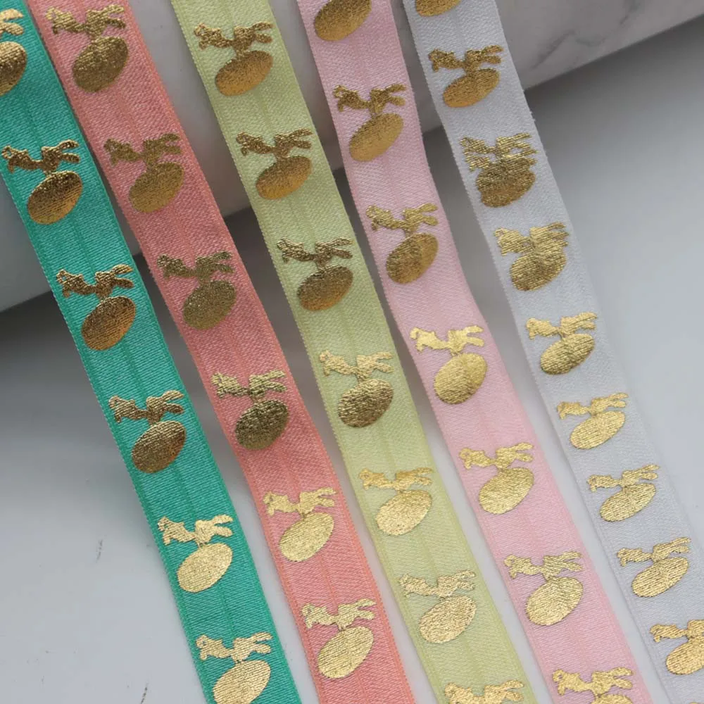 

5/8" 15MM Gold Foil Easter Bunny Hides Egg Printed Fold Over Elastic FOE Ribbon For Ponytail Hair Tie Hair Accessories Headwear