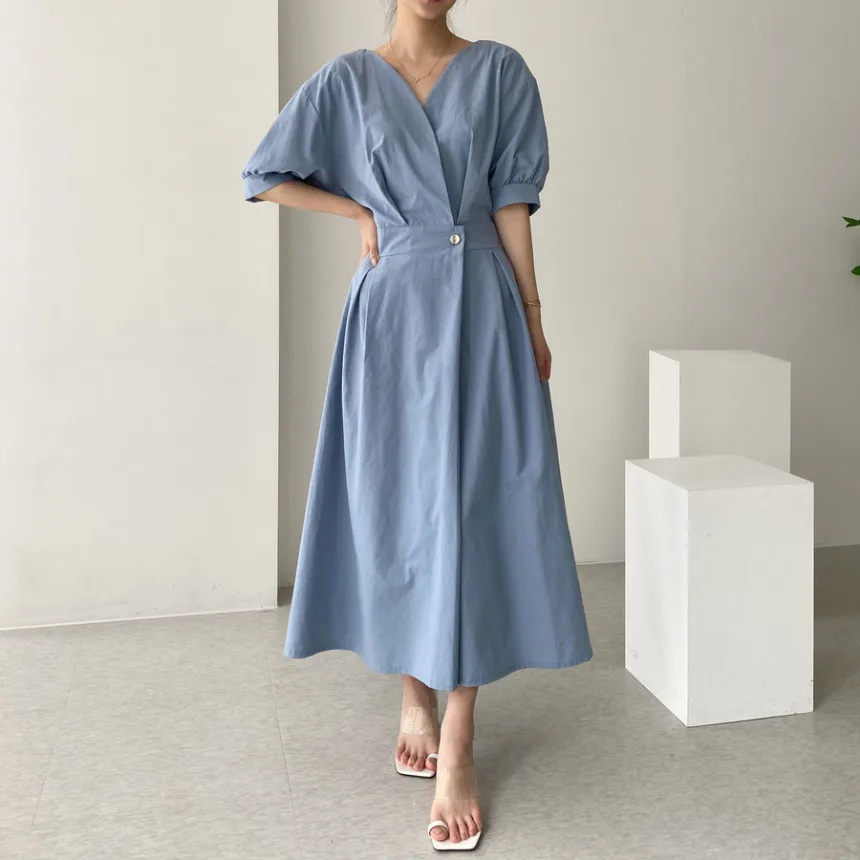 

One Button Solid Cotton Dress Women Short Puff Sleeve Vitnage V-Neck Pleated Casual Dresses Women Elastic Waist Blue Green I276