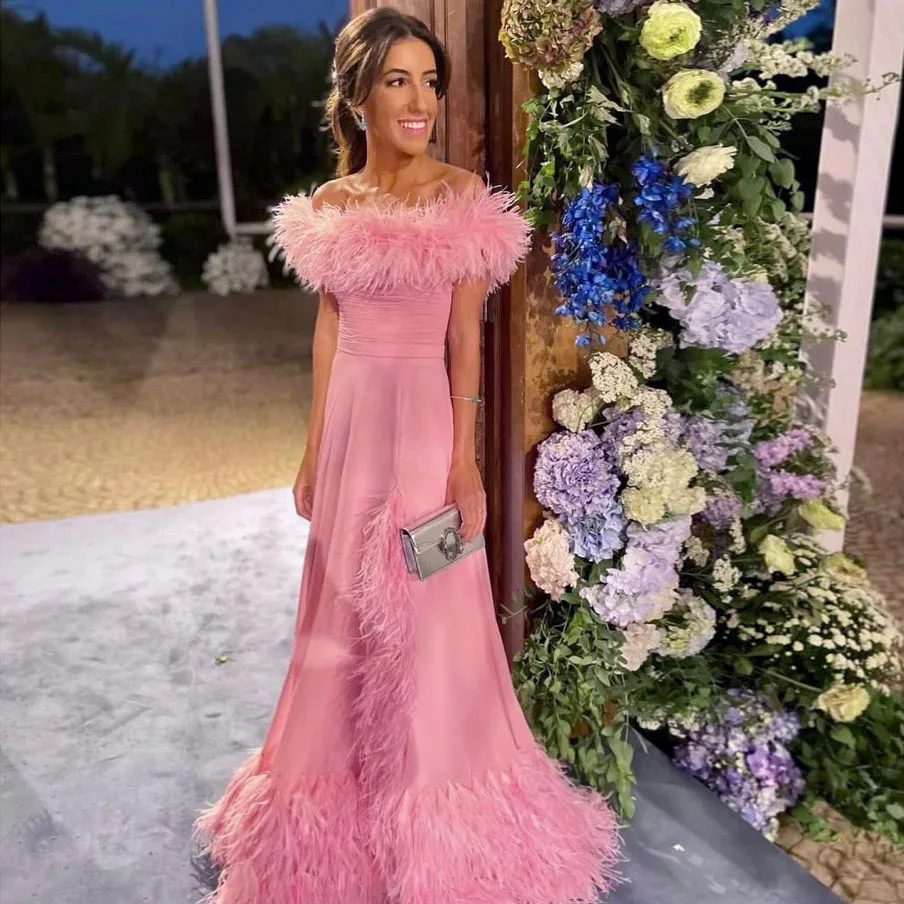 

Off Shoulder Satin Dress Sleeve A-line Feathers Evening Dresses With Skit Floor Length Woman Clothing Ever Pretty Pink Dress