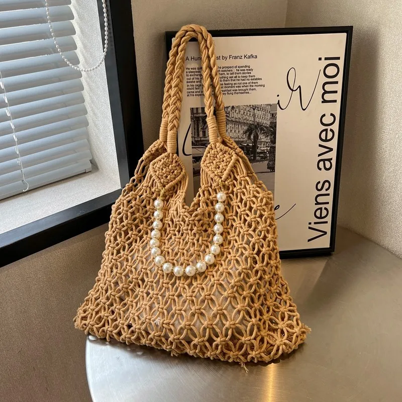Pearls Beading Tote Hobo Hollow Woven Women Shoulder Bag Summer Crochet Handbags and Purses Designer Bags for Women Shopper Bag
