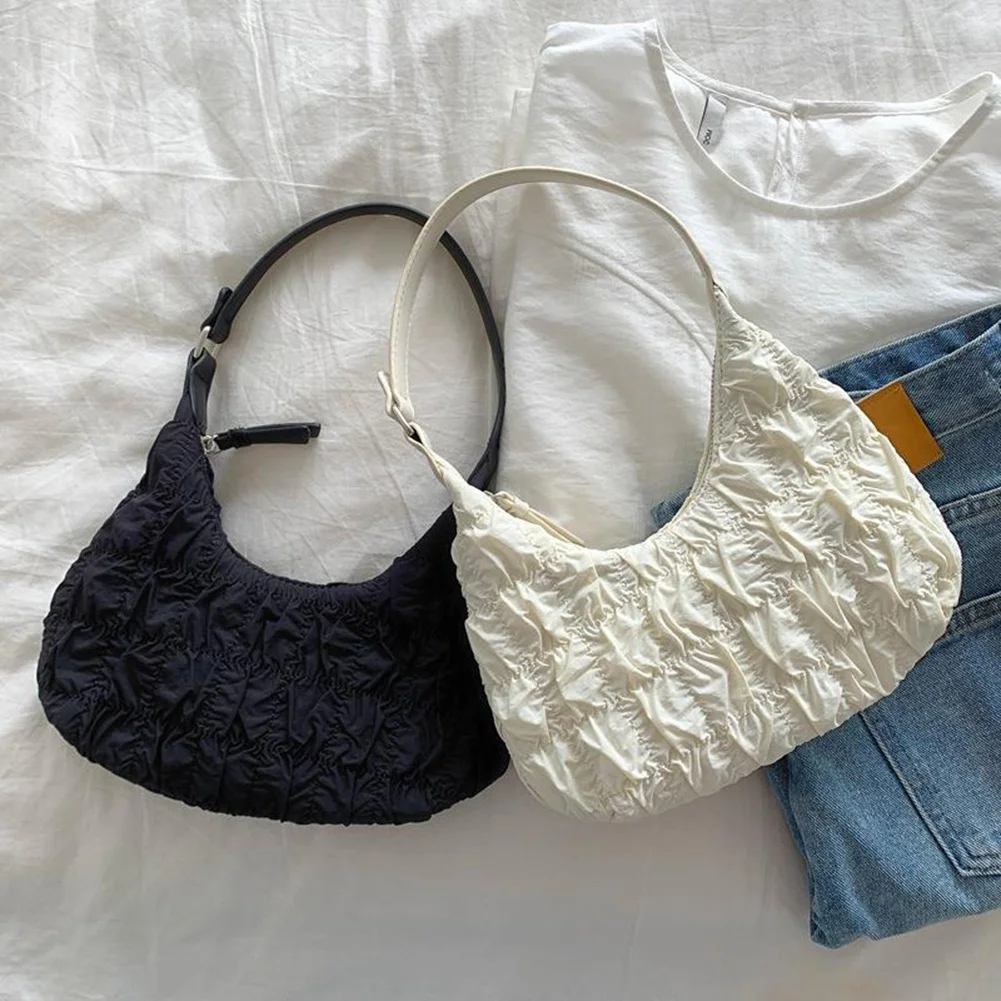 

2023 Summer Puff Pleated Underarm Bag Solid Cloud Bag for Women Nylon Dumpling Handbag Female Y2K Style Women Shoulder Bag