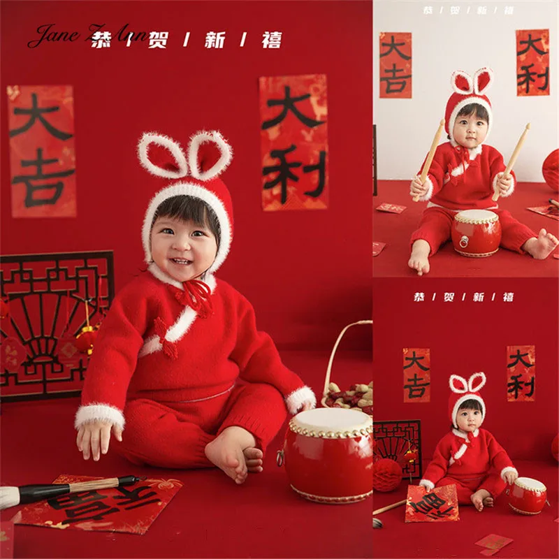 Baby 1 year  New Year theme Photo Rabbit Red Chinese New Year Children's Clothing