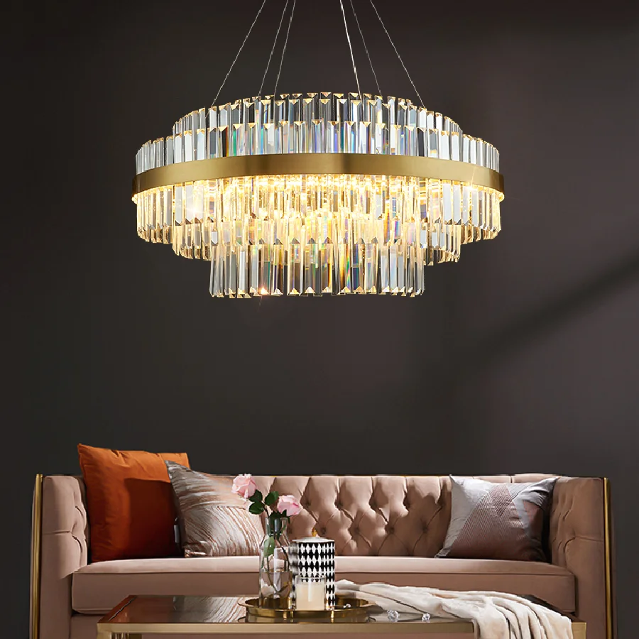 

Modern Led Dimmable Led Pendant Lights Living Room Round Gold Metal Hanging Lamp Lustre K9 Crystals Suspend Lamp Led Droplight