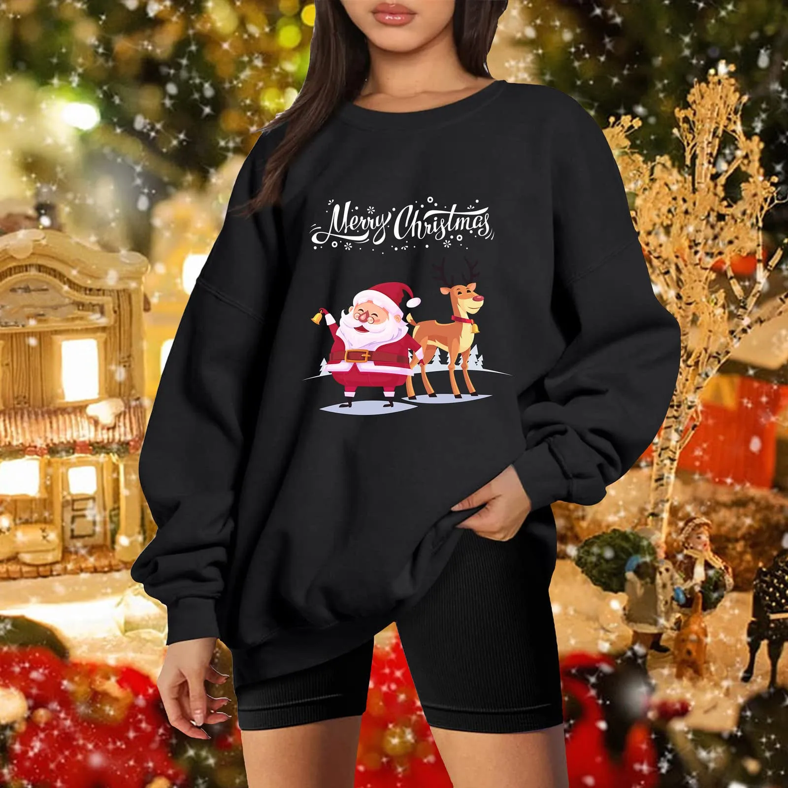 

2023 New Christmas Hooded less Pullover Women Autumn Winter Loose Top Santa Print Long Sleeve Sweatshirt Casual Oversize Female