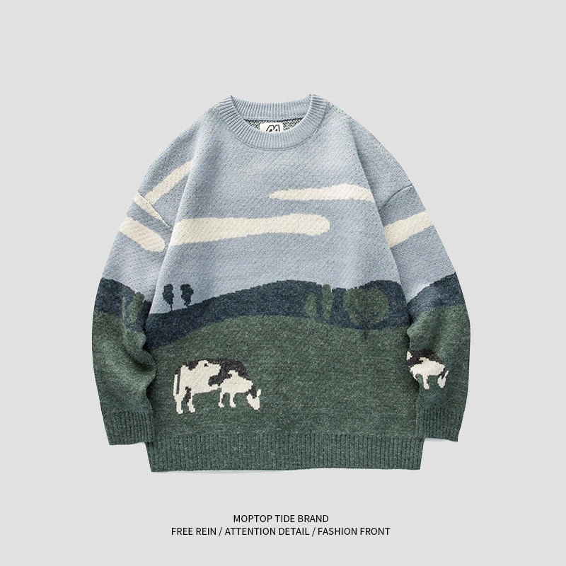2022 Autumn Winter Men Vintage Cows Couple Sweaters Pullover Mens O-Neck Korean Fashions Sweater Women Casual Harajuku Clothes