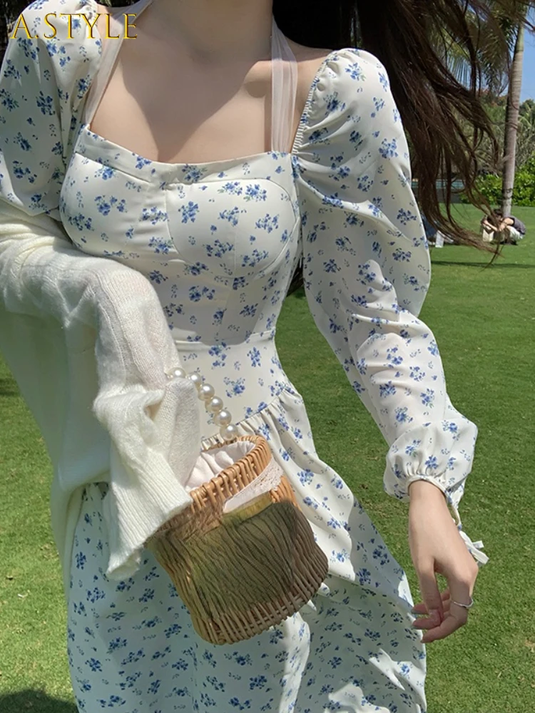 

Elegant Floral Midi Dress Woman Beach Sexy One Piece Dress Korean Fashion Casual 2022 Summer Long Sleeve Evening Party Dress