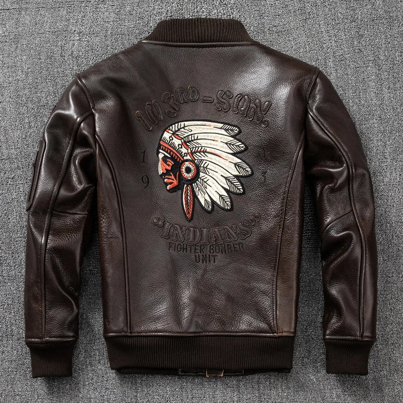 

Autumn New oil wax Spring Top Layer Cowhide baseball Jacket Men corium Flight Jacket Indian Embroidery Short corium Coat