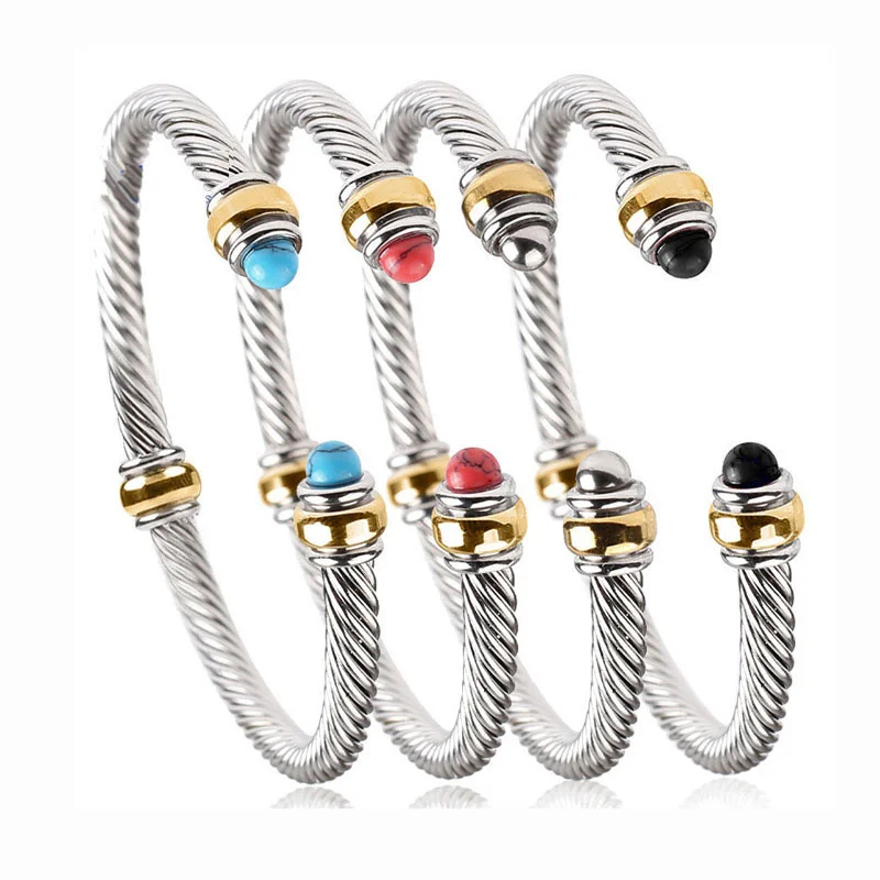 

FYSARA Hot Sale Type C Stainless Steel Color Onyx Bead Bangles For Women Prom Party Show New Fashion Accessories Jewelry Gifts