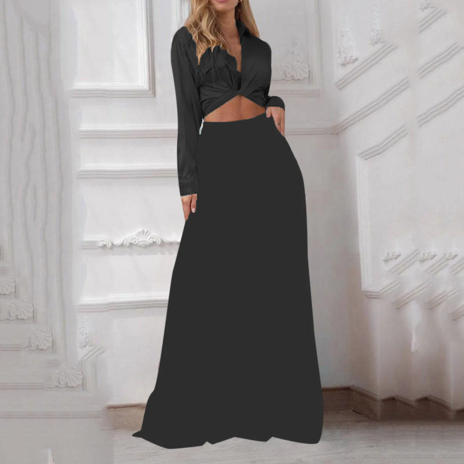 

Women Two Pieces Sets Sexy Long Sleeve Print Lapel Lace Up Cropped Shirt Cocktail Party Elegant High Waist Loose Wide Leg Pants