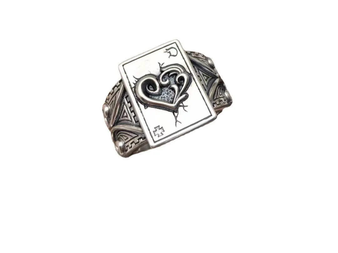 New S925 Sterling Silver Men's personalized square poker love punk rattan grass hip hop Thai silver ring