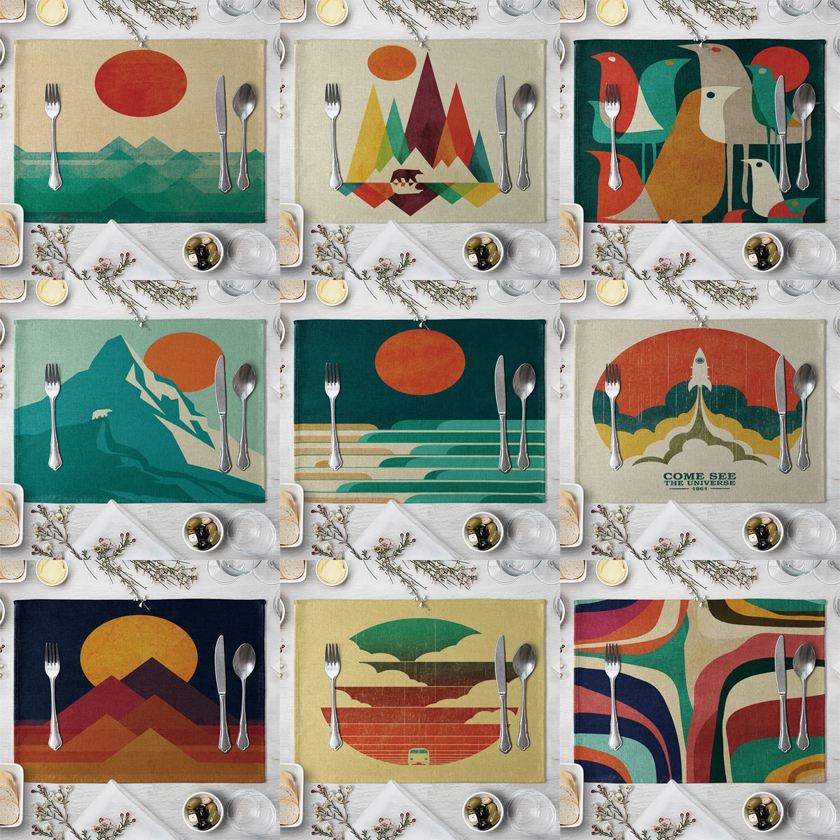 

ZHENHE Sunset Geometric Pattern Placemat Cotton Linen Fabric Table Mats Family Dinner Tableware Kitchen Table Mat