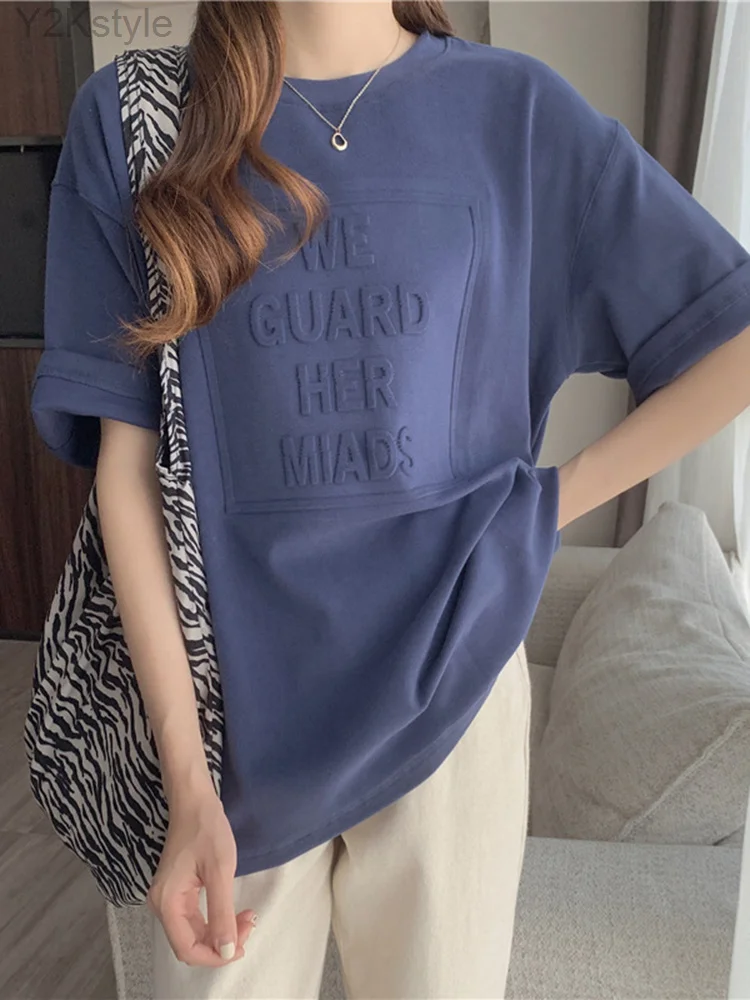 

3D Letters Chic Fashion T Shirts 2023 Women's Short Sleeve Solid Casual T-shirt Summer Loose O-neck Basic Daily Tee Tops
