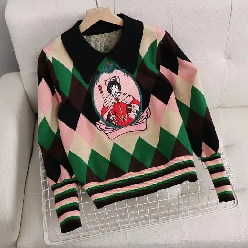 

Diamond Cartoon Cat Embroidery Peter Pan Collar Knitted Sweater Women Long Sleeve Top Korean Knitwear Winter Elegant Lady Jumper