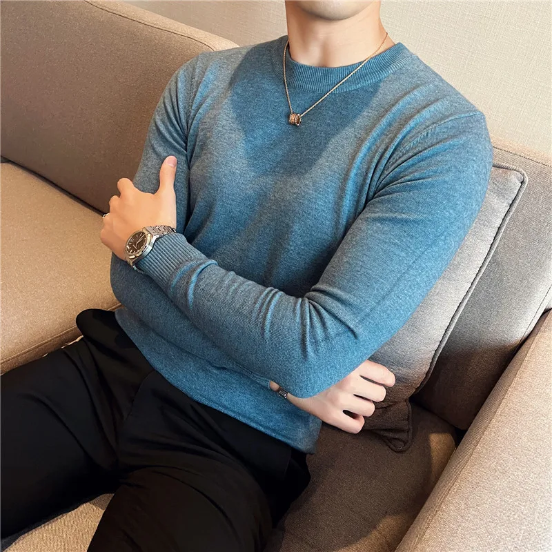 2022Brand Clothing High Quality Slim Knit For Men Solid Color O Neck Long Sleeve Knit Jumper Winter Fashion Warm Sweater For Men