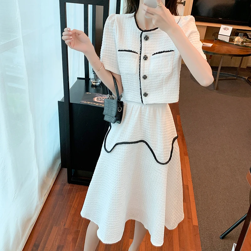 

Женский однобортный костюм в стиле ретро, элегантный повседневный топ с коротким рукавом и трапециевидная юбка миди с высокой талией, летний комплект из двух предметов