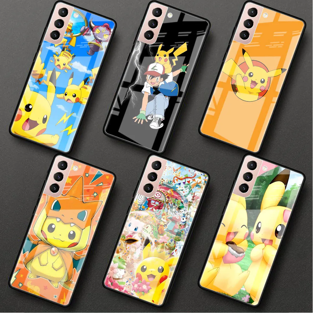 

Cute Pokemon Pikachu Glass Case For Samsung Galaxy S22 S20 FE S21 5G S10 S9 Plus Note 10 20 Lite Tempered Phone Cover