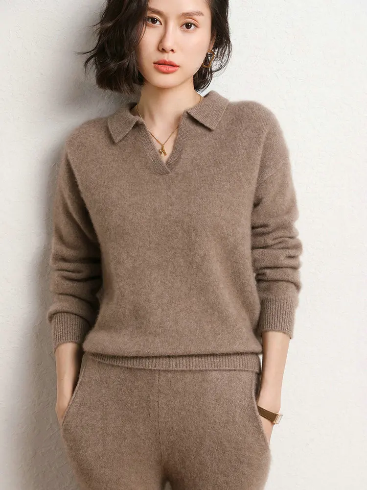 Cashmere sweater women's spring suit two-piece pure cashmere POLO collar loose sweater wide leg pants