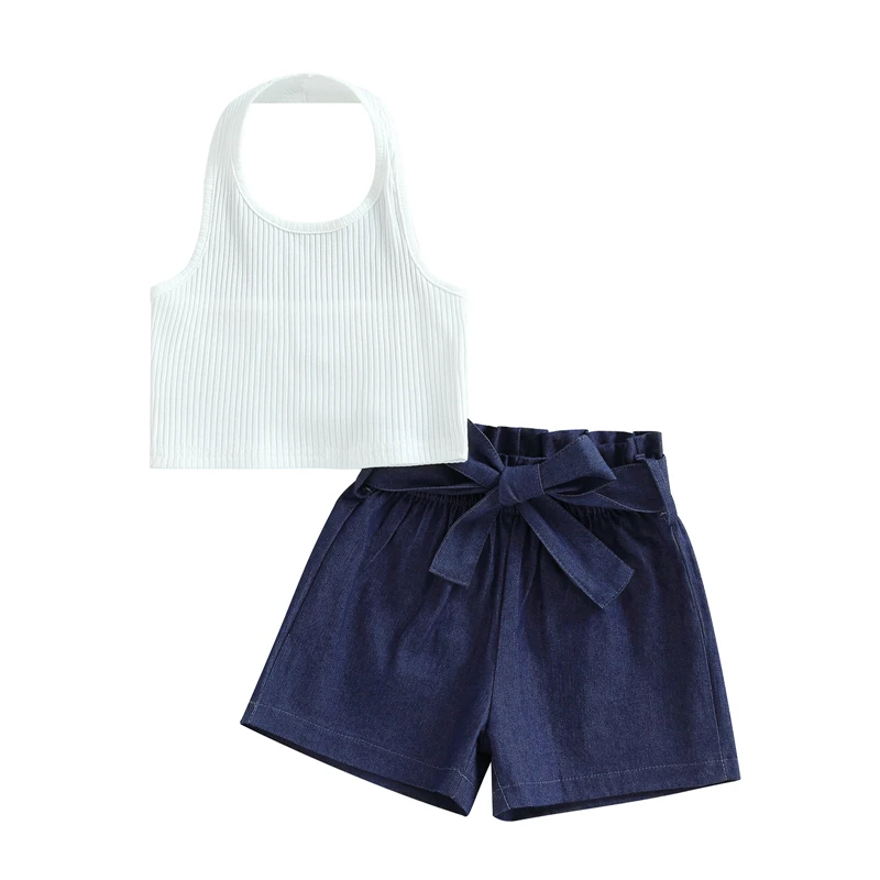 

Детский летний комплект из 2 предметов, жилет с воротником-халтером без рукавов и шорты с эластичным поясом и поясом