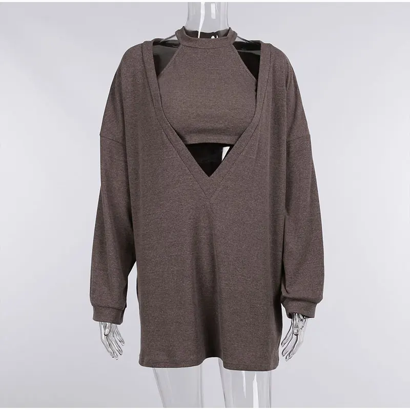 Sexy Knitted Camis 2 Piece Set Women V-neck Long Pullover Sweatshirts Casual Brown Sets Sport Sleeveless Crop Top Hoodies Outfit