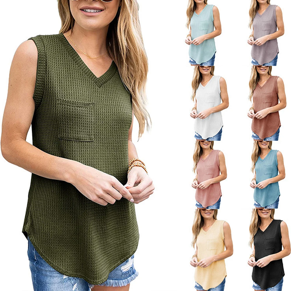 

Summer Women Waffle Vests Summer V Neck Sleeveless Pocket Solid Color Loose Tank Tops tank top women