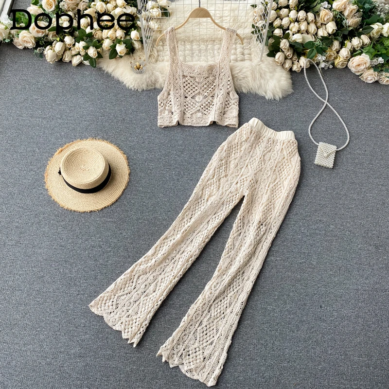 

Lace Crocheted Hollow Out Square Collar Vest Crop Top 2 Piece Suit Women + High Waist Hip Design Bell-Bottom Pants Two-Piece Set