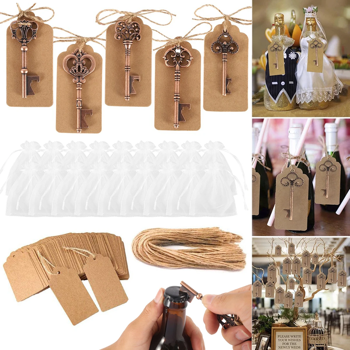 

30Pcs Vintage Key Bottle Opener Kit Wedding Favor Skeleton Key Opener with Paperboard Tag Card for Party Wedding Decoration