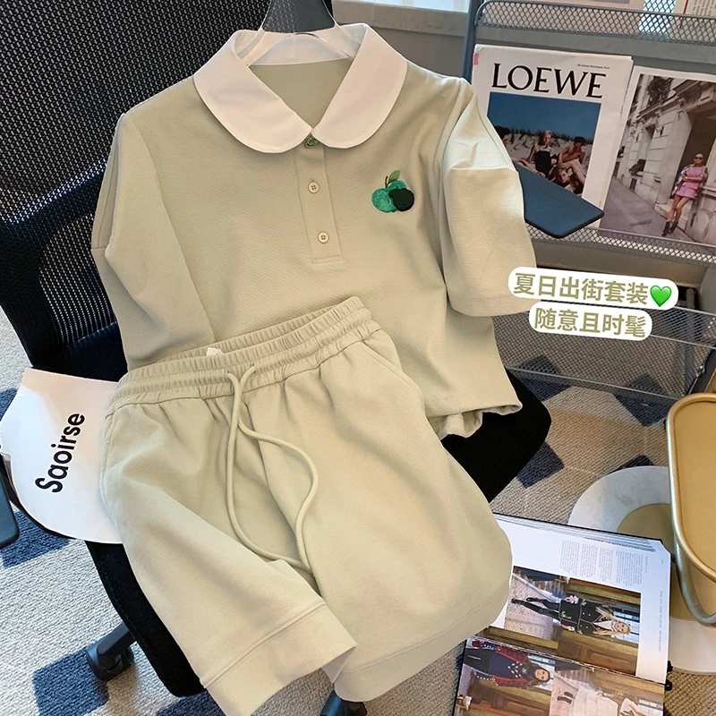 

Women's Green Polo Collar Embroidery Short Sleeve Tops Shorts Two Piece Set Sports Casual Fashion Baggy Ladies Suit Summer