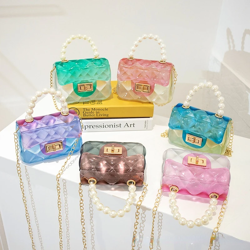 

Women's PVC Jelly Shoulder Bag Tote Pearl Handbags Messenger Chain Bag Girl Small Crossbody Square Bag Lightweight Sweet Color