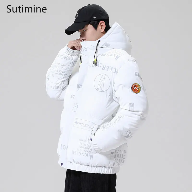 Coat Men Winter Casual Zipper Thickened men's letter bright printed down cotton padded jacket Hooded Loose Winter Coat Men