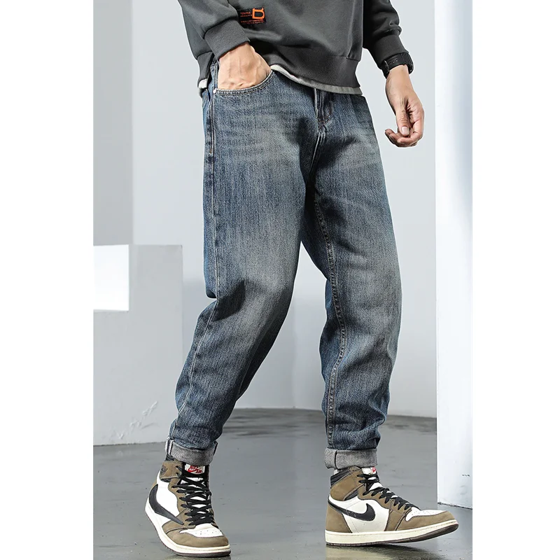 Streetwear Men Autumn and Winter Baggy Straight Cylinder Jeans Vintage Chaopai Harun Trousers Fashion Comfortable Blue Trousers