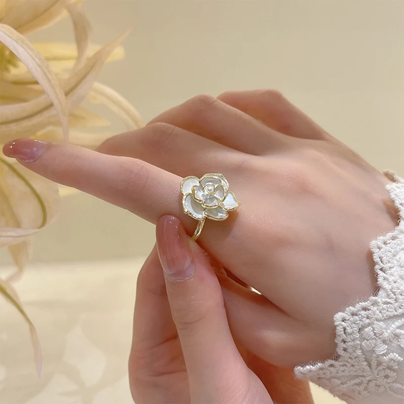 

14K Real Gold Rings Pearl Flower New Elegant White Oil Dripping Camellia Rings for Woman Korean Jewelry Party Girl's Accessories