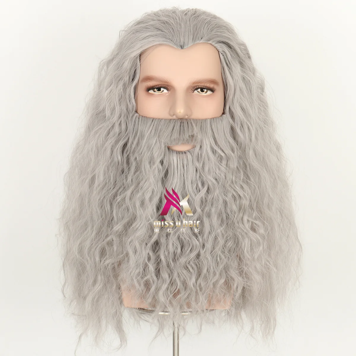 

Halloween Mens Cosplay Wig wizard grey Synthetic hair grey silver curly long hair Costume Play Wig Beard Set