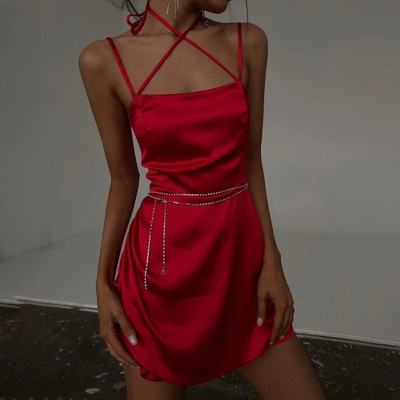 

2022 Summer Women's Sexy Solid Color Satin Cross Halter Mini Fashion Sling Dress Women Summer Sexy Dress Women