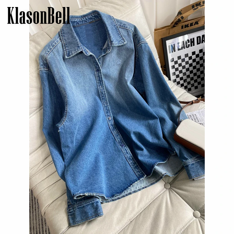 

9.26 KlasonBell Vintage Letter Embroidery Cotton Midi Denim Shirt Women