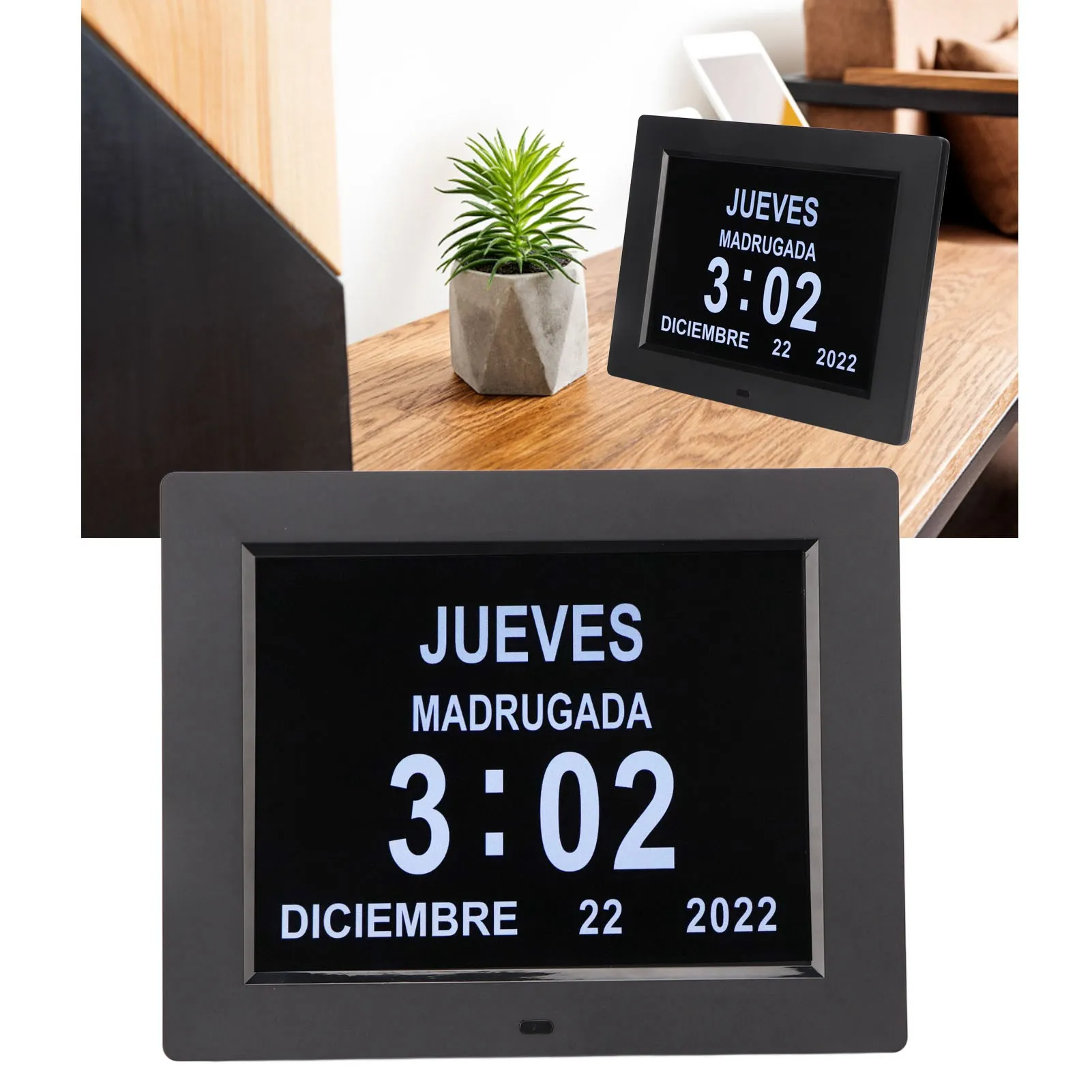 8 Inch Digital Day Calendar Clock Auto Dimming Take Medicine Reminder Electronic Alarm 110‑240V Black UK Plug