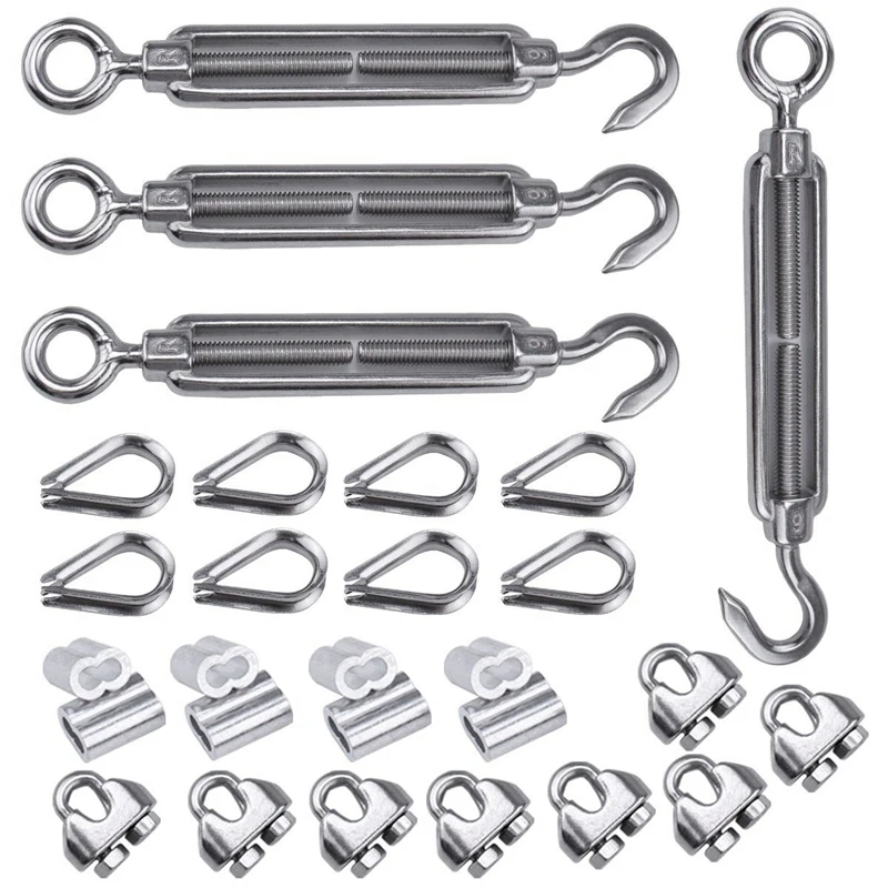 

4 Pack 1/8 Inch Cable Railing Kit Included Stainless Steel Hook Eye Turnbuckle Tension Wire Rope Cable Clamp Thimble