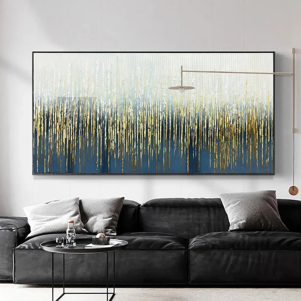 

Gold Foil Oil Painting On Canvas Abstract Blud & Golden Rainwater Painting Large Canvas Wall Art Textured Livingroom Wall decor